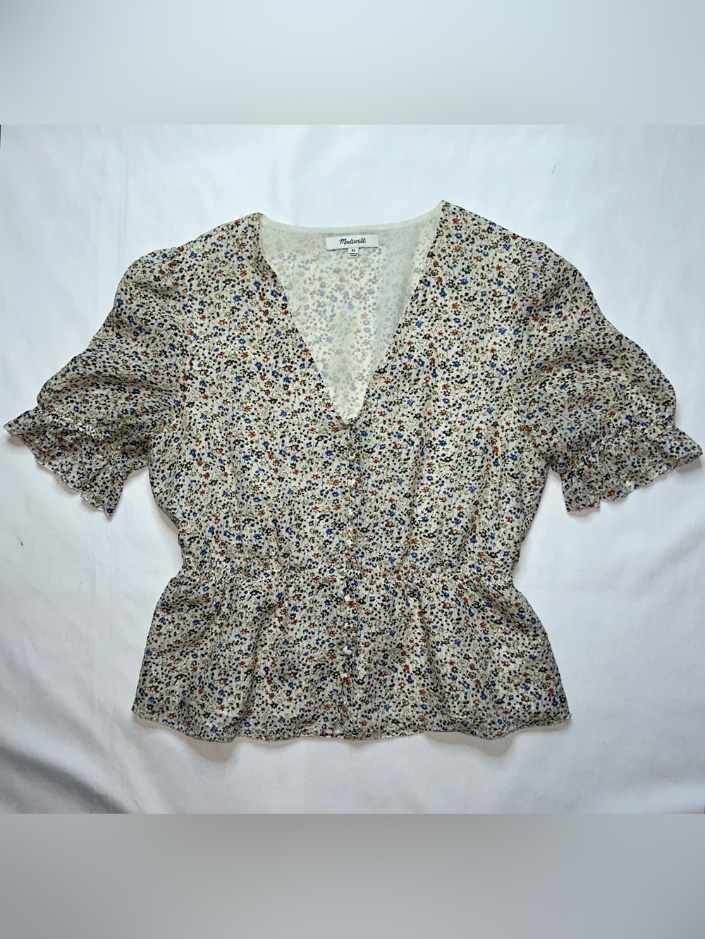 Madewell Silk V-Neck Peplum Blouse Fieldwalk Floral Button Front XS Cottagecore